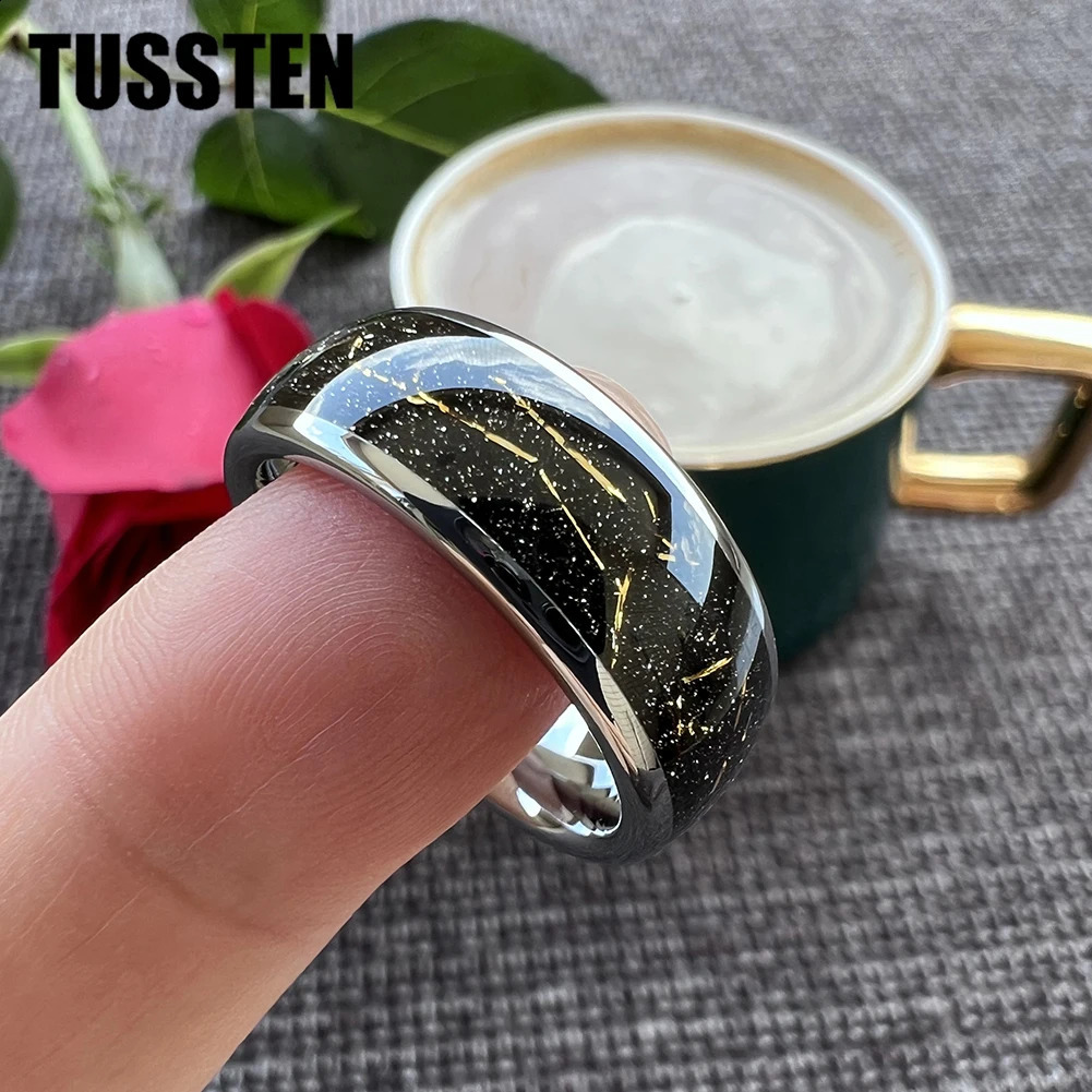 TUSTEN 8mm Tungsten Carbide Ring Black Inlaid Gold Foil Wedding Mens and Womens Jewelry Wholesale 240723