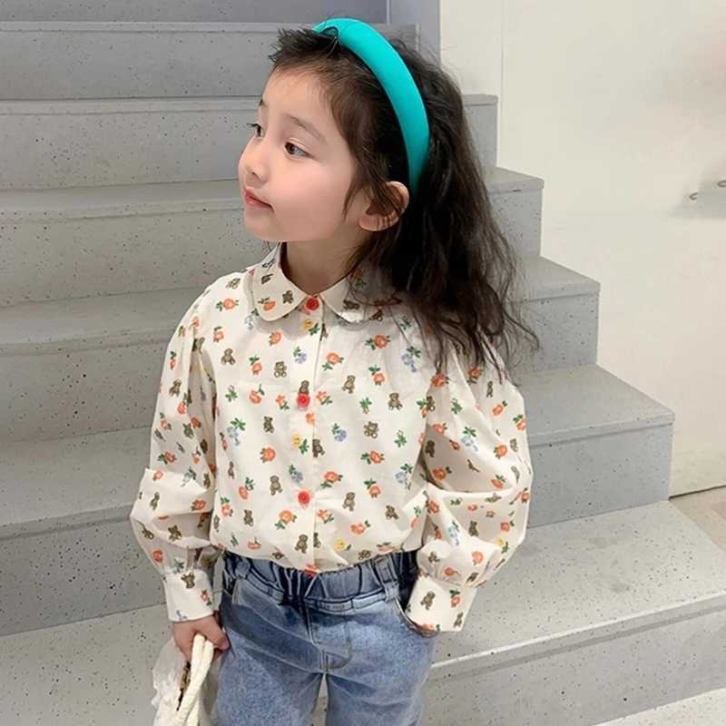 Children girls cotton shirts fashion flowers bear prints childrens and toddler tops long sleeved clothing summer and springW240729