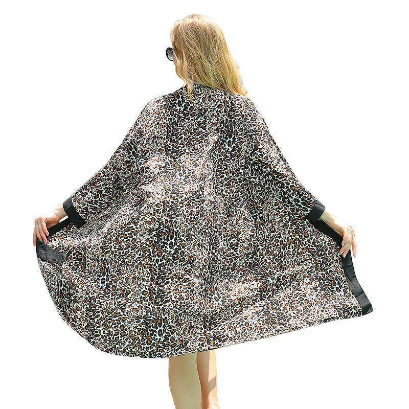 2024 Fashion Womens Leopard Print Swimming Sun Protection Cardigan Cloak Beach Cover Polka Point Chiffon Long Sleeve Dress Bifurcated Short Loose Lace