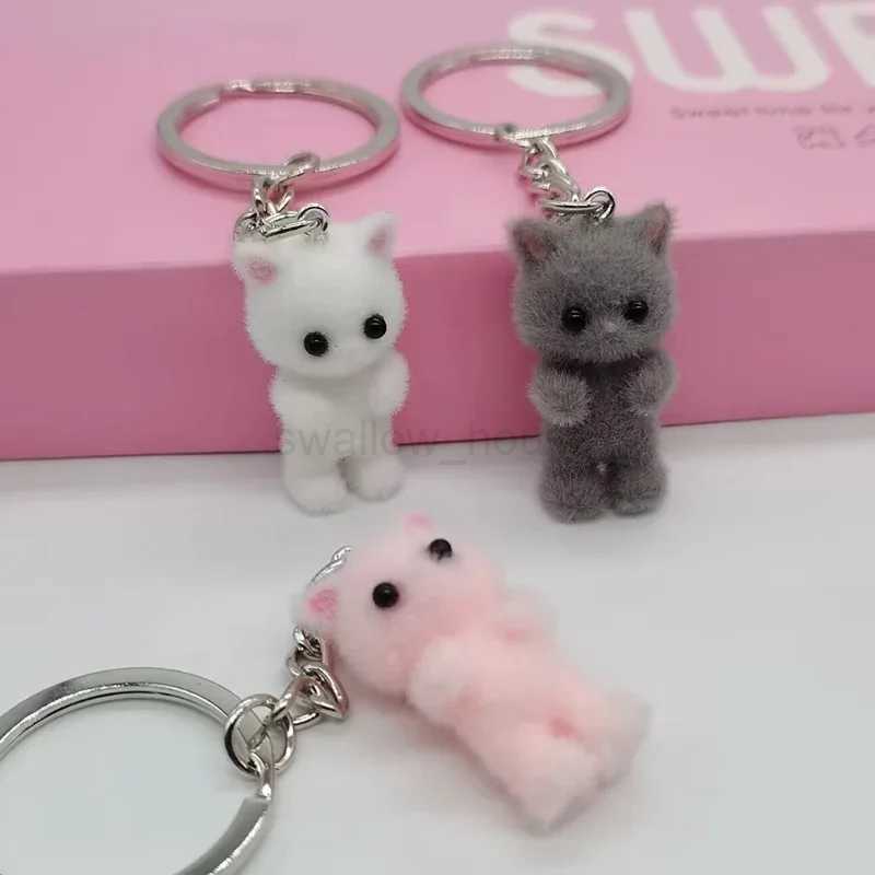 3D Cartoon Cute Cat Keychain Resin Flocking Kawaii Animal Car Key Bag Pendant Key Ring Souvenir Jewelry Gifts For Women MenL240729