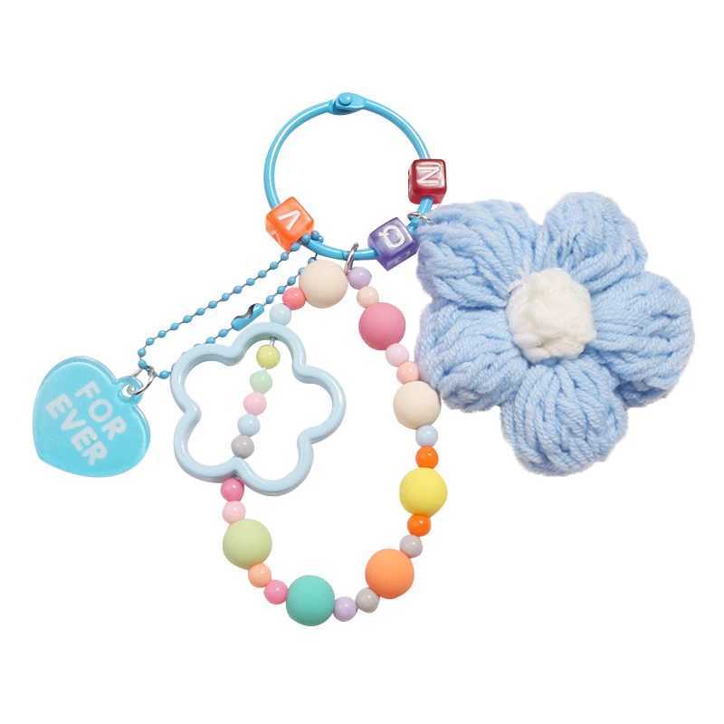 Cartoon Wool Knitted Flowers Key Chains Beaded Wristlet Lanyard Bracelet Keyring For Women Girl Bag Pendant Charms Keychain GiftL240729