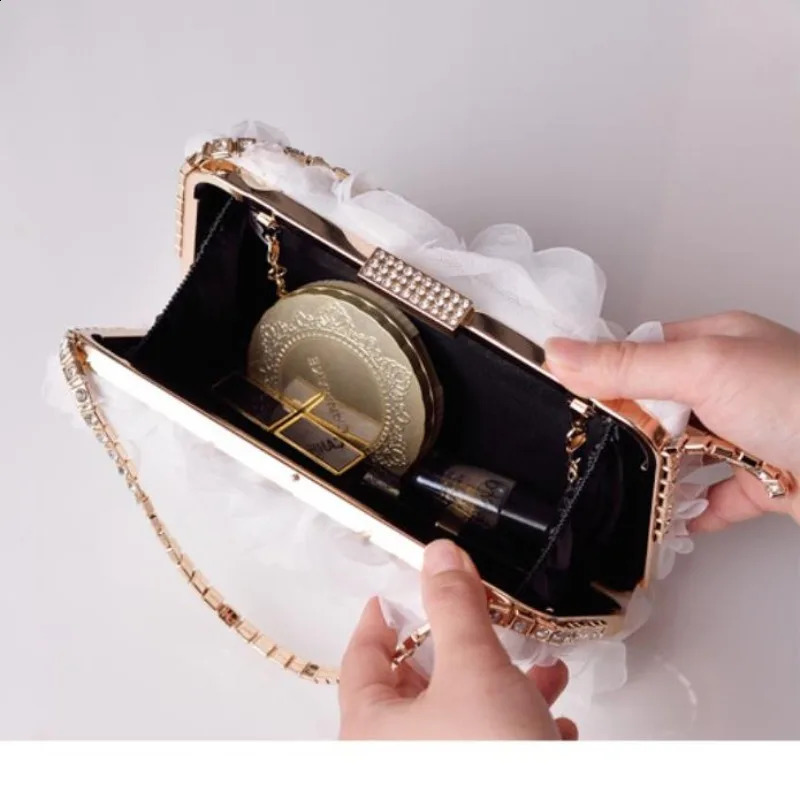 3D Flower Chiffon Evening Handbag Champagne Womens Wedding Dress Purse Diamond Chain White Clutch Soft Fabric Bolso Fiesta Pink 240729