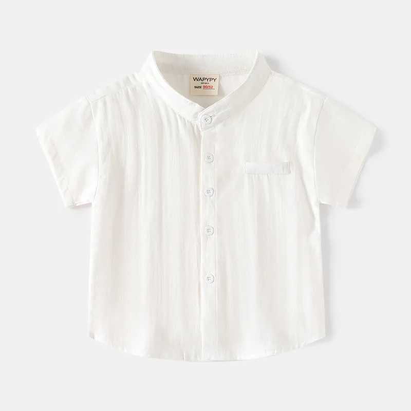 Childrens short sleeved shirt 2024 summer boys V-neck cotton shirt baby casual loose top 2-7-year-old childrens solid color T-shirtW240729