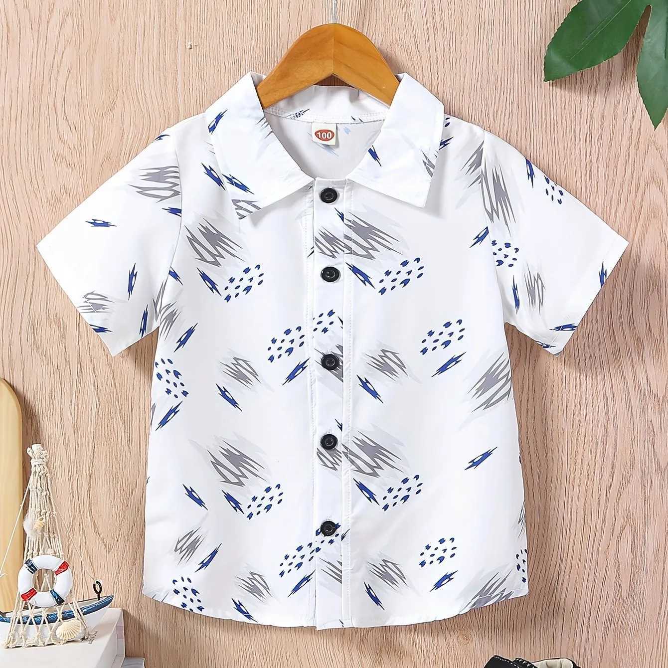 2024 Childrens Clothing Boys Summer Beach and Palm Tree Theme Graphic Full Print Shirt Casual Lightweight Short Sleeve TopW240729