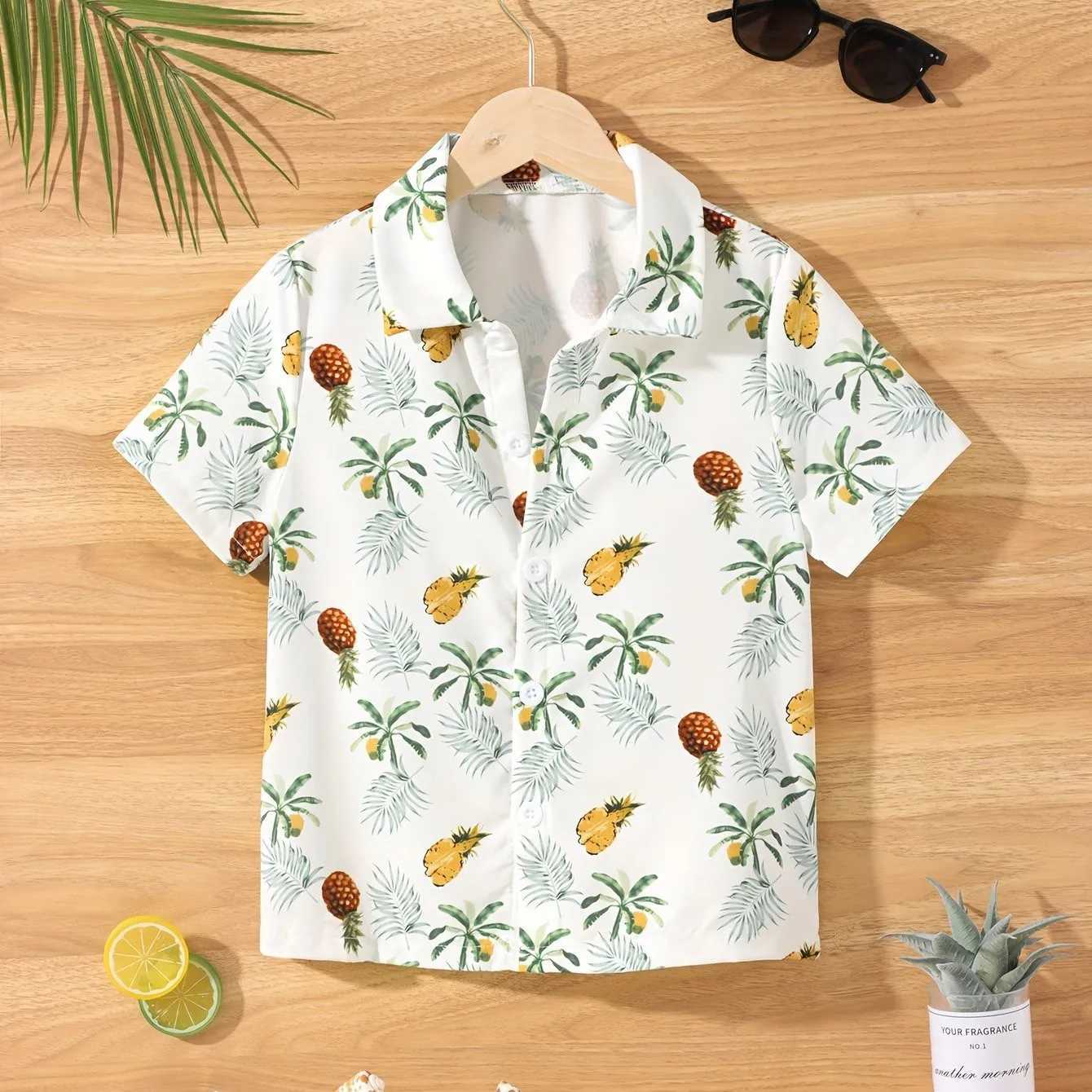Fruit cherry and banana printed boys creative shirt casual short sleeved collar cool shirt top girls summer outdoor clothingW240729
