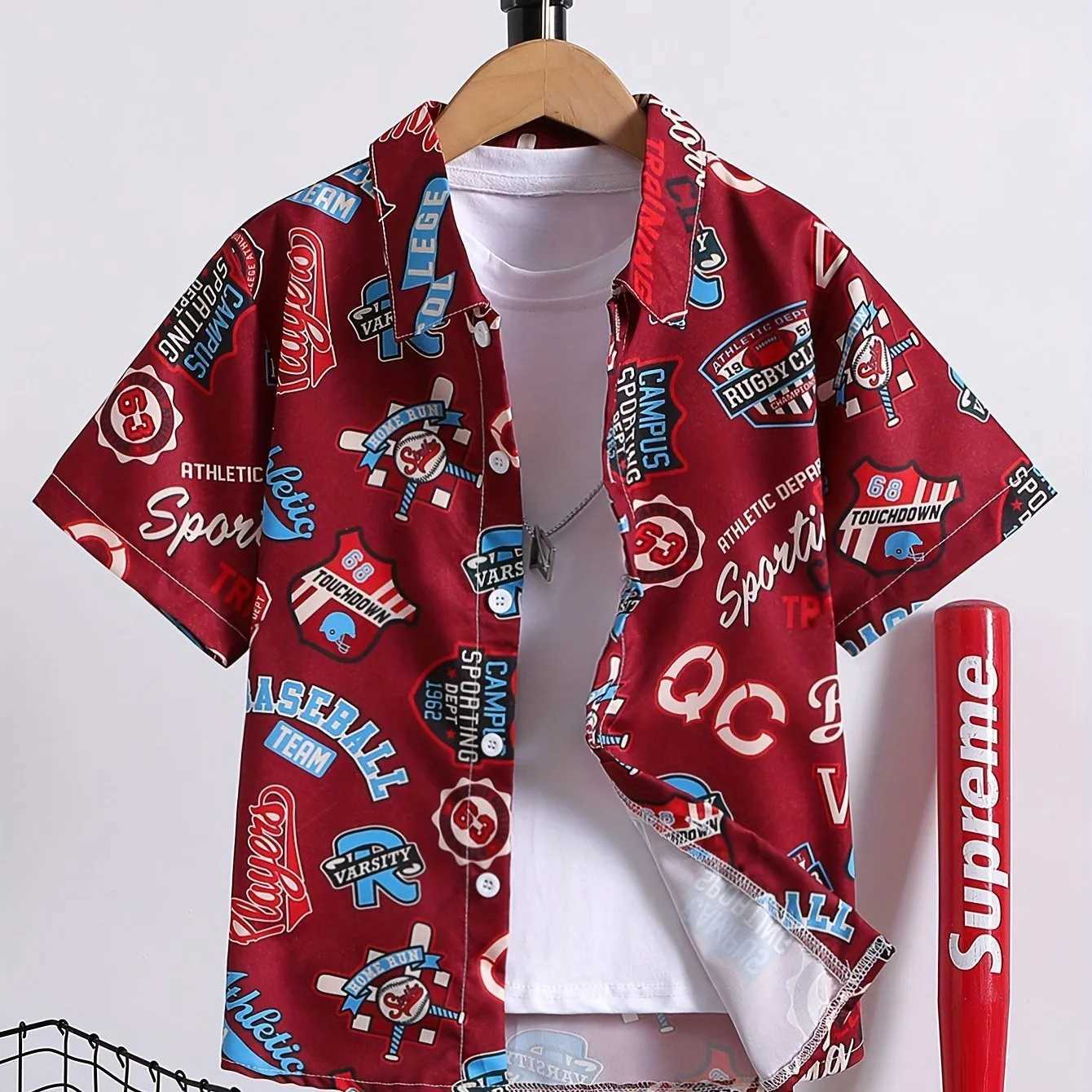 Childrens boy cartoon monster pattern top casual short sleeved fun button retro shirt summer vacation topW240729