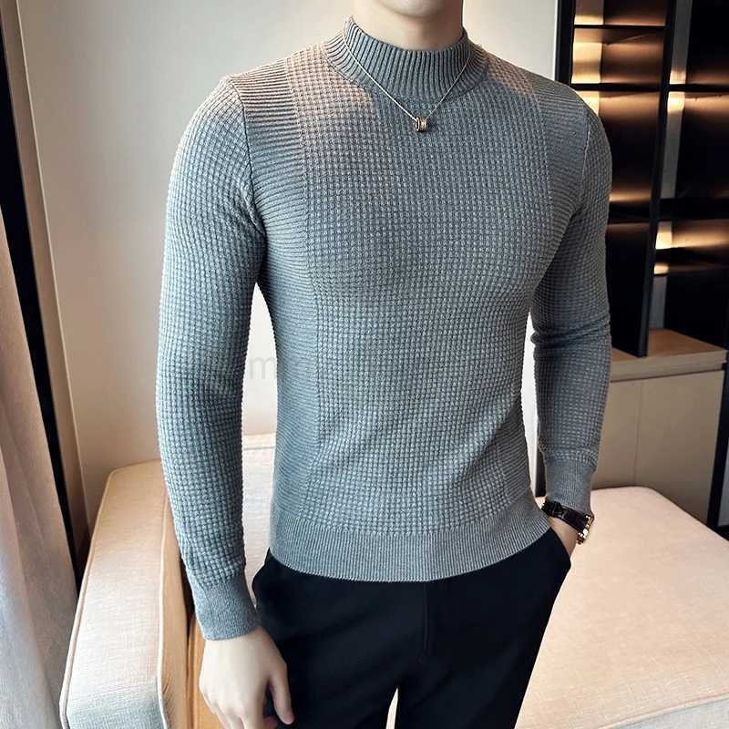 3-color mens autumn and winter new ultra-thin dark pattern semi high neck solid color knitted floral mens slim fit sweater bottomW2403587729 3