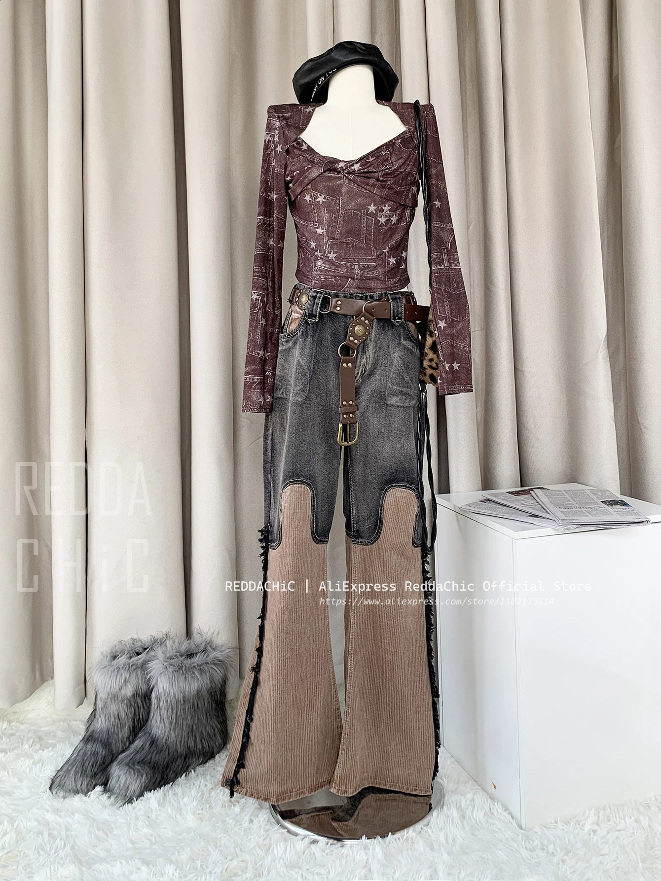 ReddaChic Wastelan Hipster Flared Jeans Women Trend Patchwork Wide Pants with Side Tassels High Rise Vintage Autumn Clothes 240729