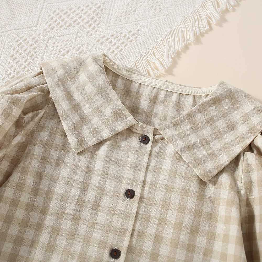 Childrens Shirt Girl Sleeping Cotton Spring/Summer Korean Version Collar Single Chest Checkered Baby TopW240729