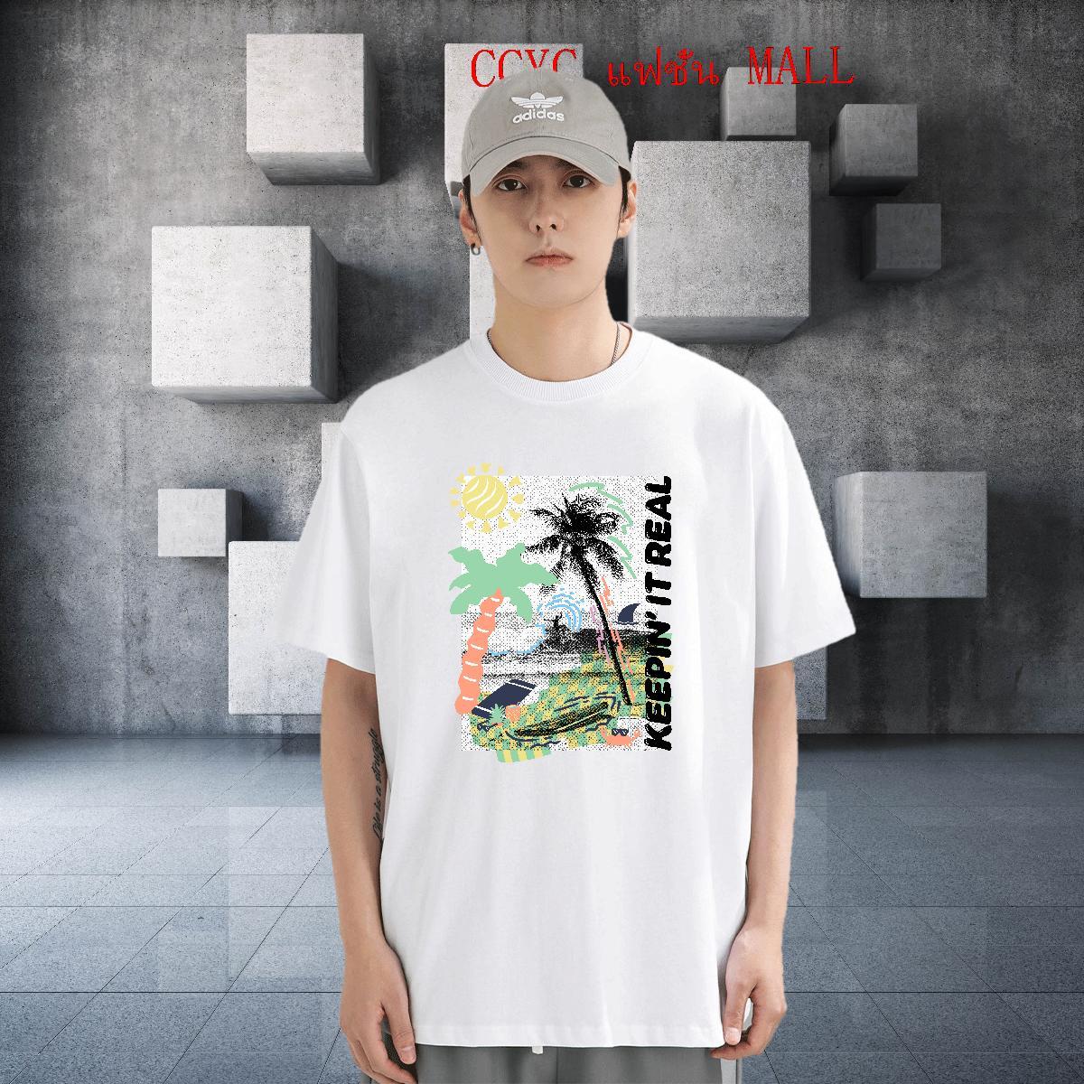 Loose Tshirts 100% Cotton 230g Street wear Hip Hop beach Cartoon Printing L-4XL Short Sleeve O-Neck Classic Casual Mens T Shirts Wear