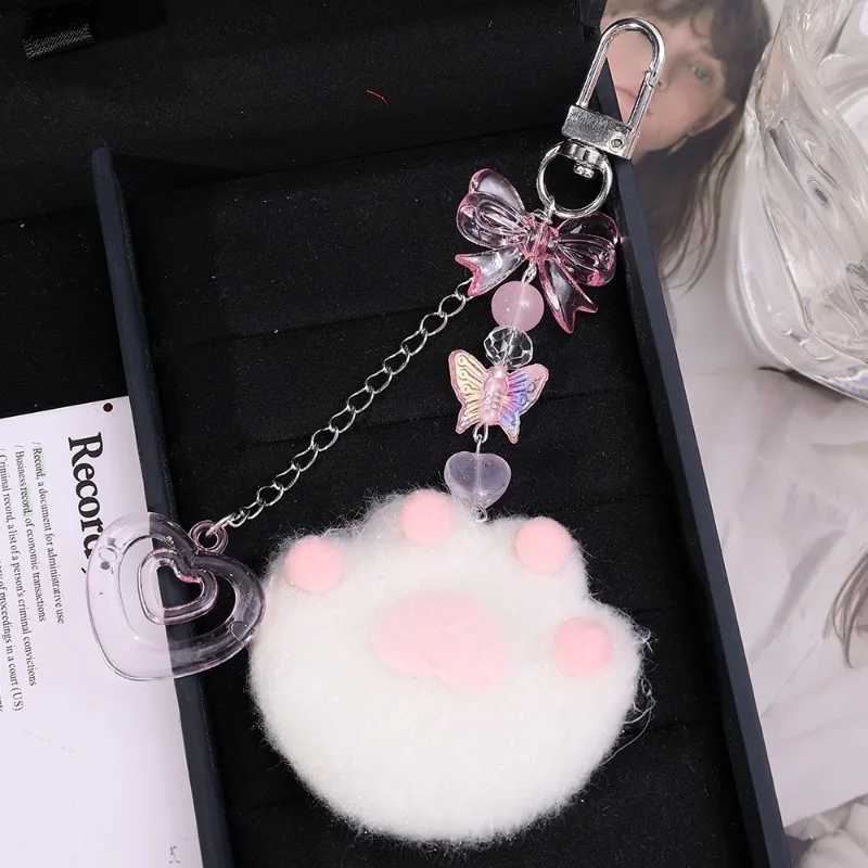 Cute Plush Cartoon Cat Claw Keychain Soft White Pink Key Ring Pendant Backpack Car Pendant Decoration Keyholder Lolita GirlsL240729