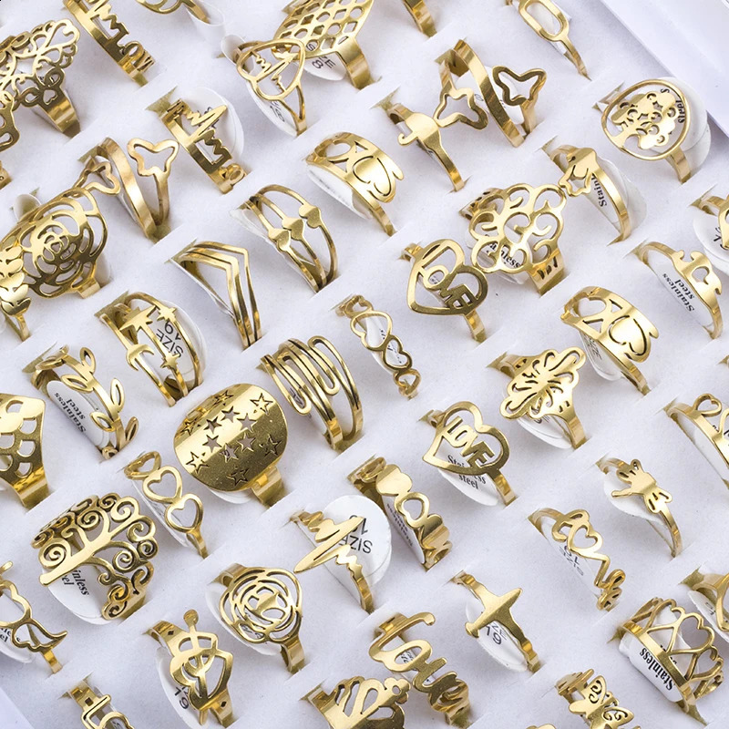 100 pieces of stainless steel carved rings mens and womens fashionable charm jewelry gifts hollow flower finger wholesale batch 240723