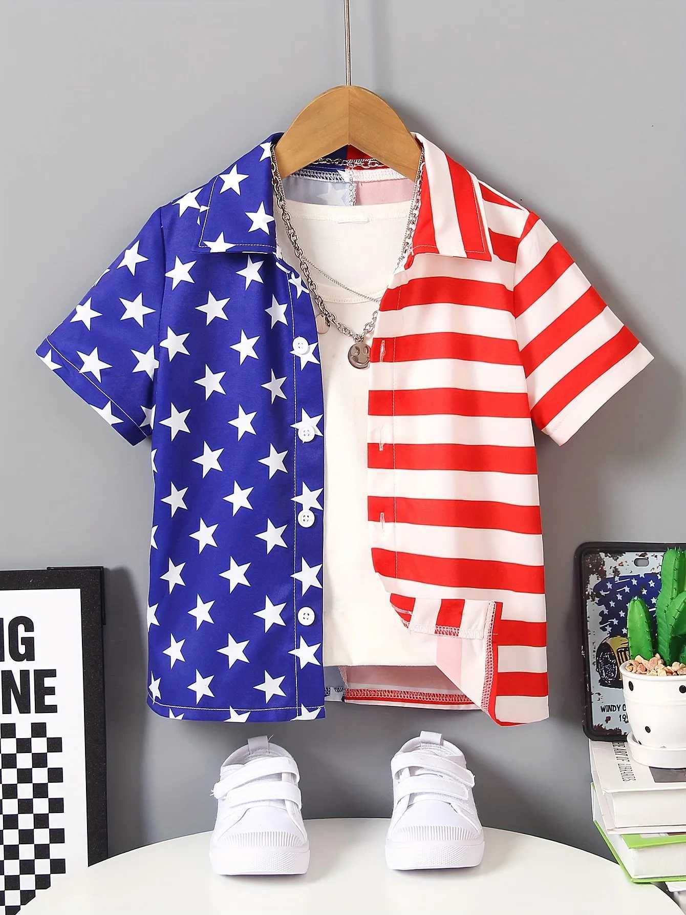American Flag Prince Boys Creative Collar Shirt Lightweight and Comfortable Short Sleeve Top Boys Summer TopW240729
