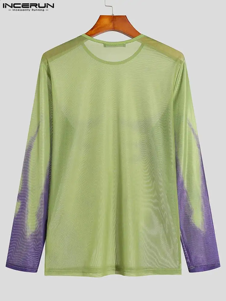 Casual Streetwear Style Tops INCERUN Handsome Mens Printed Pattern Mesh T-Shirts Fashionable Male Long Sleeve Thin Blouse S-5XL 240814