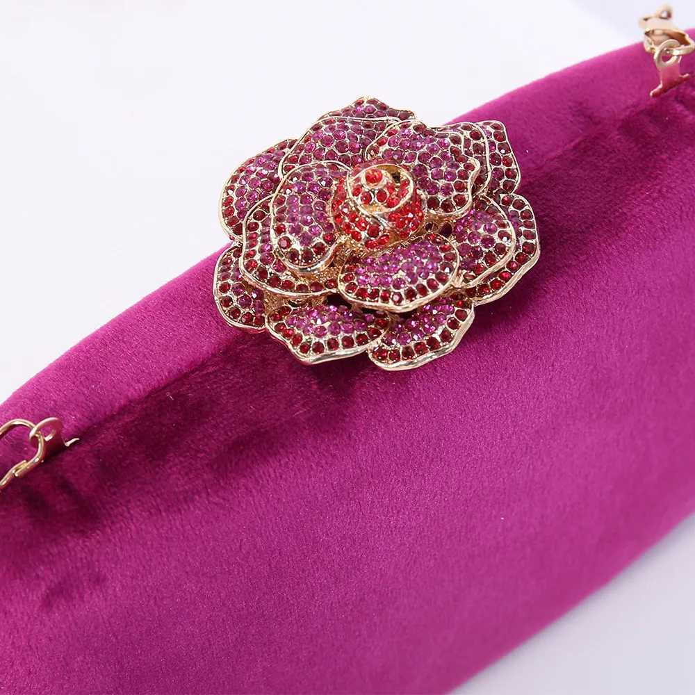 Diamonds Flower Velvet Evening Bag Women New Elegant Chain Banquet Dress Clutch Bag Ladies Wedding Dinner Party Box Small PursesXJ240729