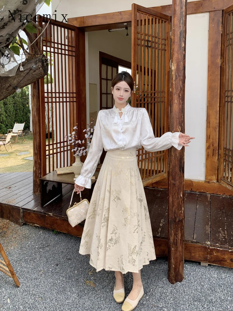Chinese Style Heavy Industry Jacquard Gold Silk Horse Face Skirts Suit Elegant Slim White Shirts Two Piece Set Women Outfits 240729