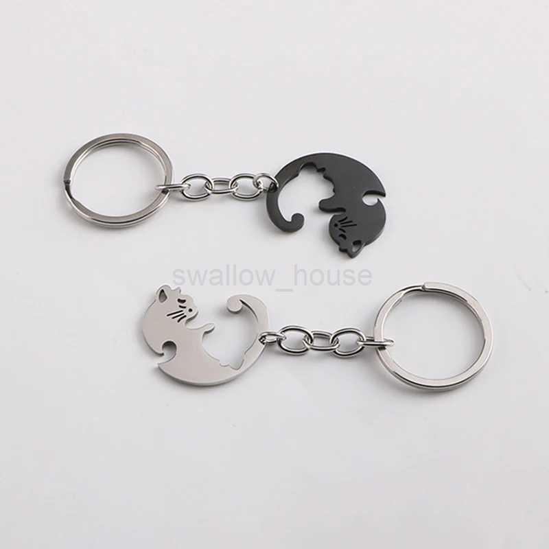 Small Item Portable Stainless Steel Keychain Heart-shaped Splicing Cat Yin and Yang Cat Pendant Necklace Keychain JewelryL240729