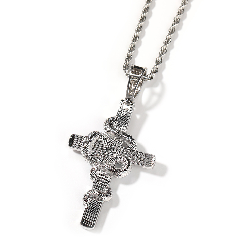 Hip Hop Colorful Snake Cross Pendant Necklace TopBling Full Cubic Zirconia Religious Jewelry
