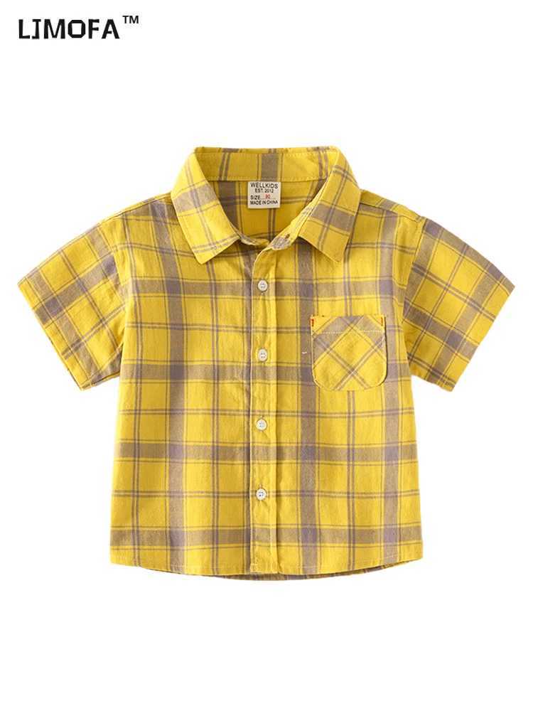 LJMOFA childrens classic plain weave shirt childrens short sleeved lapel striped casual polo shirt summer cotton youth top D454W240729