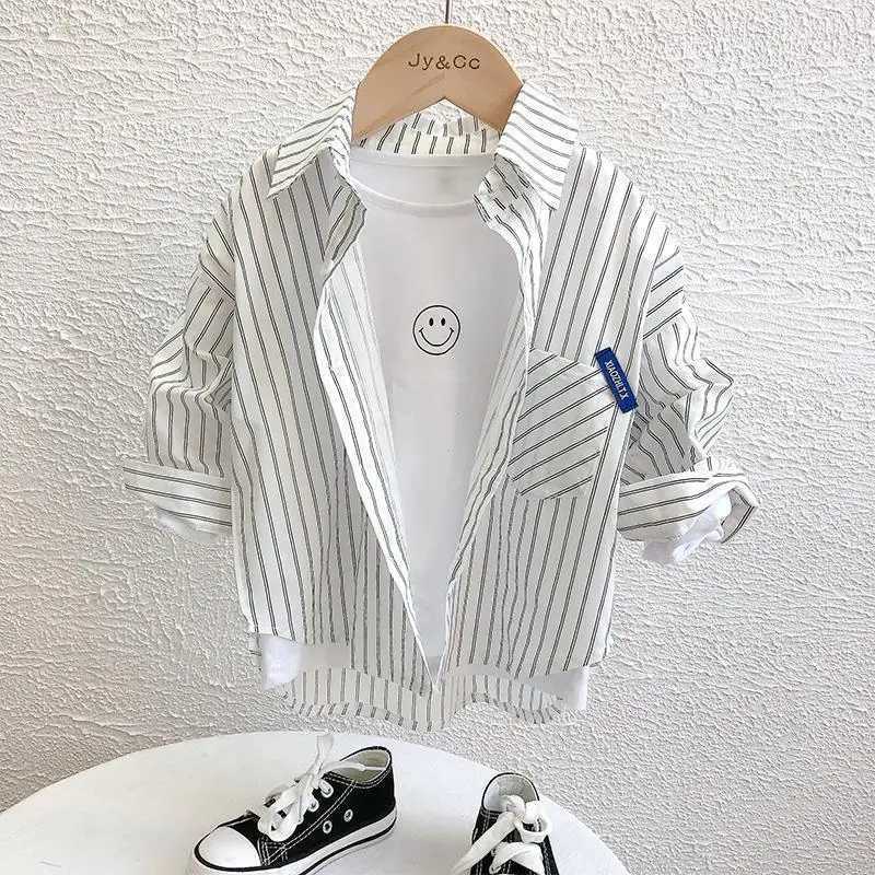 Childrens Baby Boy Shirt Spring Thin Shirt Baby Boy Stripe Casual Top 4-12 Year Old Childrens Long Sleeve ShirtW240729