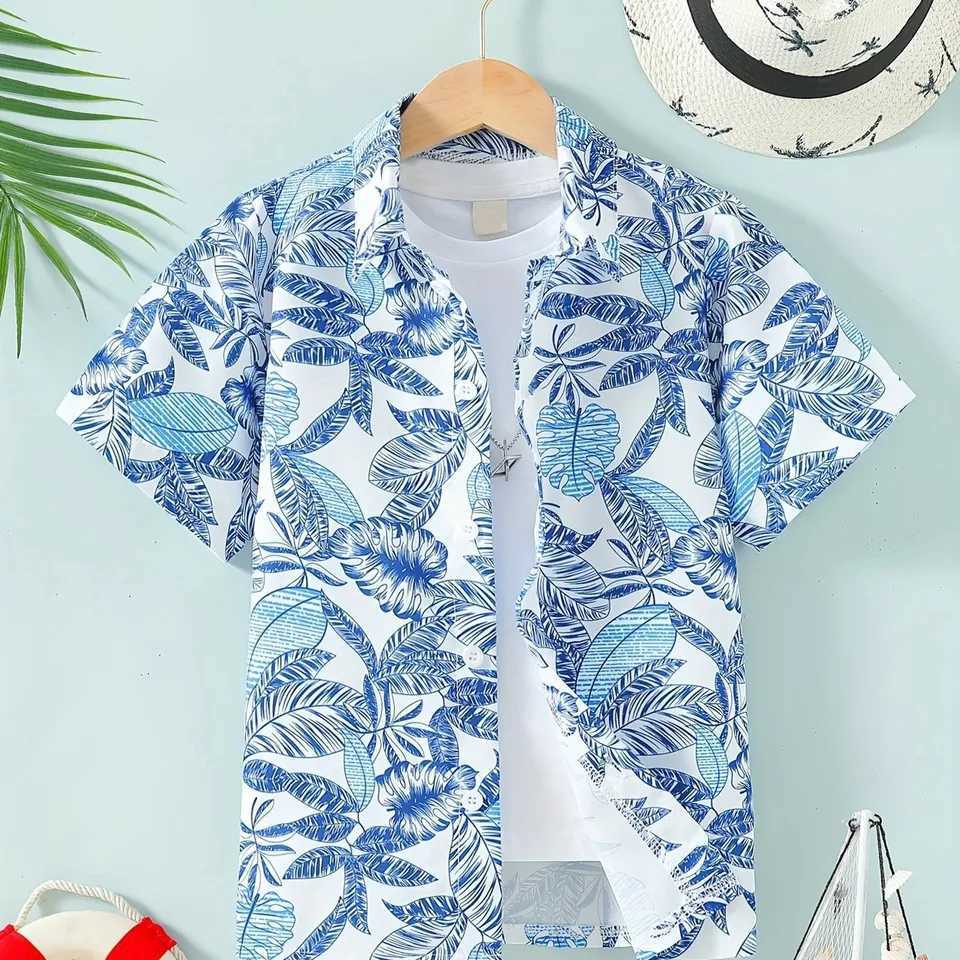 Boys fashionable shirt breathable and durable childrens casual short sleeved tropical pattern front button summer beach topW240729