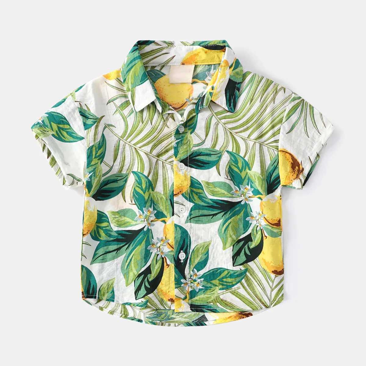 New Boys Fashion Shirt 2024 Summer Boys Cartoon Full Leaf Printed Collar Shirt Short Sleeve Top Childrens Casual ClothingW240729