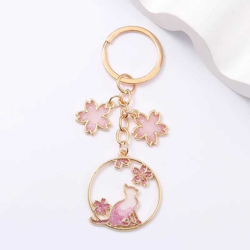 Pretty Round Cat Keychains Cherry Blossom Flowers Animals Key Rings For Women Girls Friendship Gift Handmade DIY JewelryL240729
