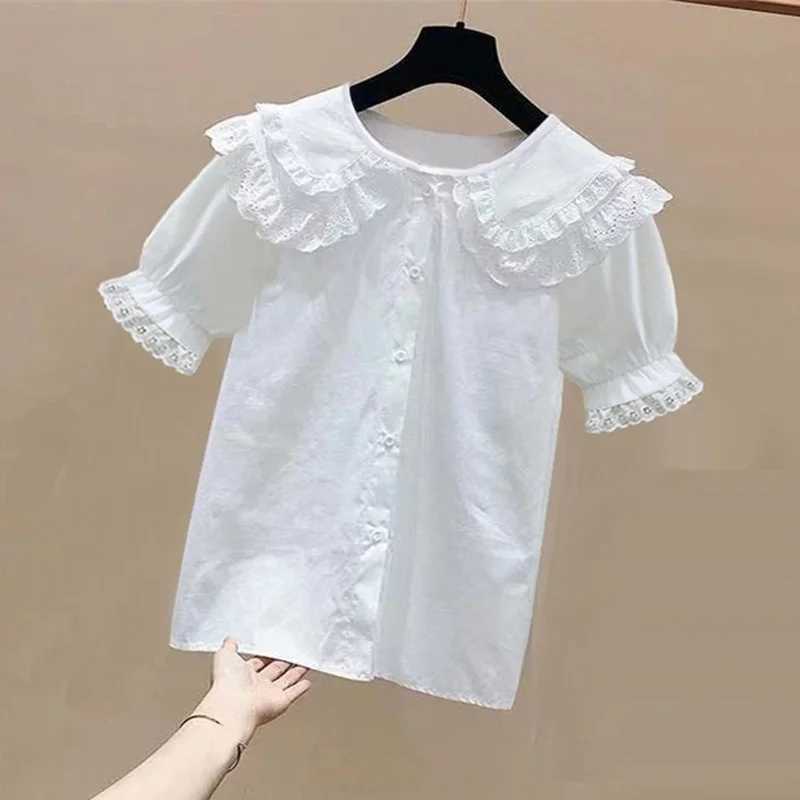 Summer 4-13 year old girl pleated lace shirt white short sleeved school uniform girl button up shirt childrens topW240729