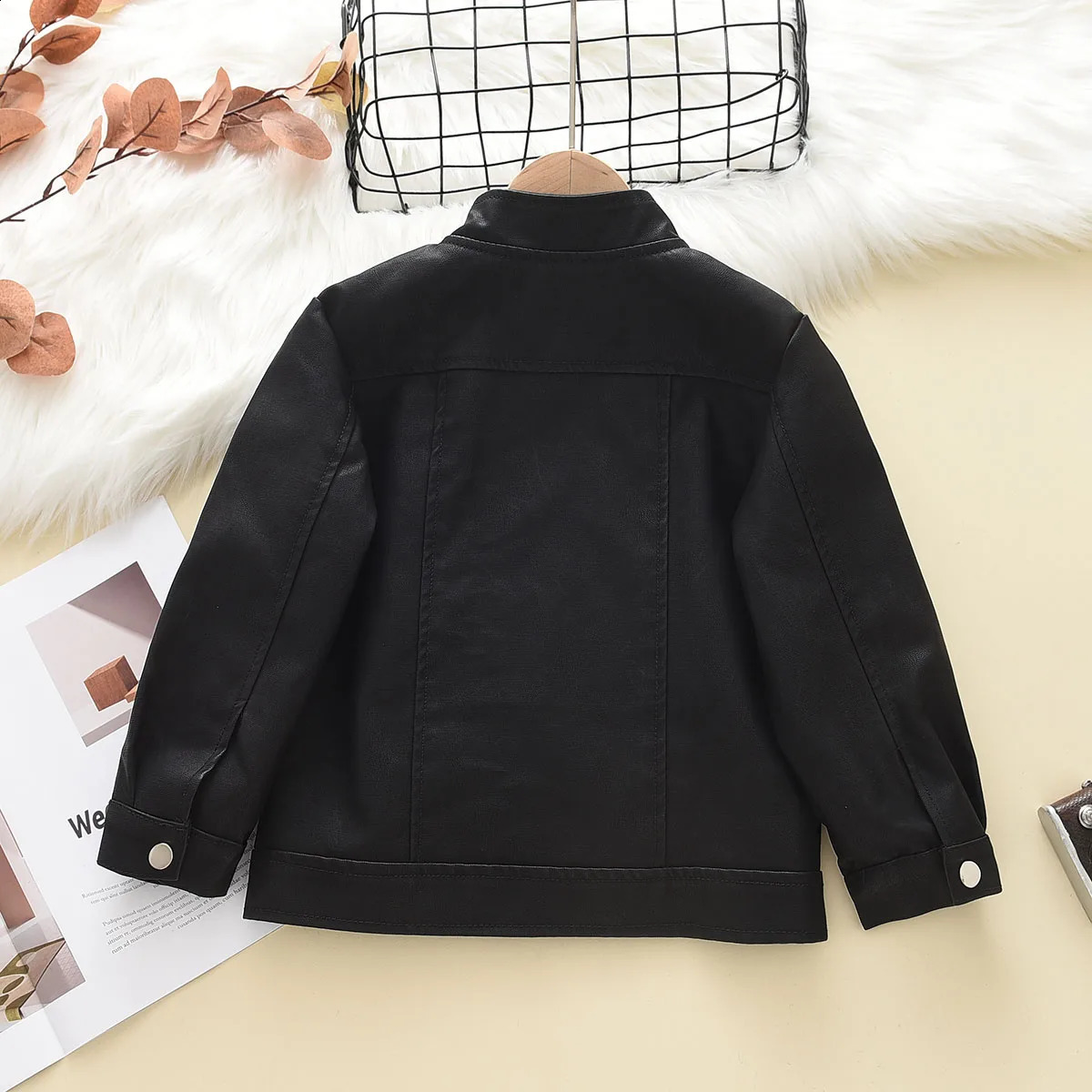 hibobi Toddler Boy Solid Color Casual Fashion Button and Pocket Front Stand Up Collar Zipup Leather Jacket 240723