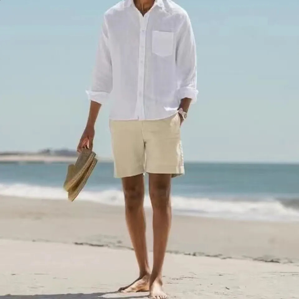 Autumn Men Plain Cotton And Linen-Blend Loose Lapels Long-Sleeved Casual Cardigan Beach Shirt 240729