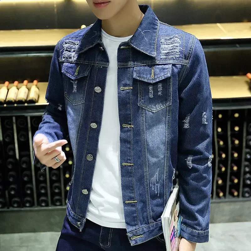 Mens Denim Jacket Slim Fit Ripped Autumn Male Jean Coats with Hole Button Rock One Piece of Fabric Fast Delvery on Board In 240729
