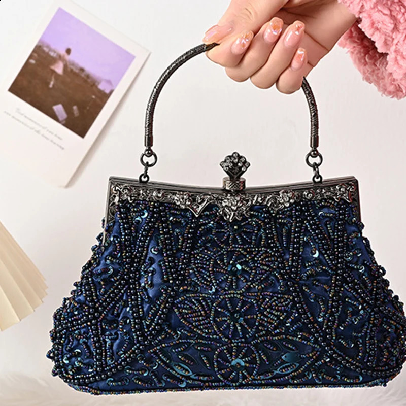 Vintage Beaded Sequin Pearl Clutch Handbag for Women Wedding Bridal Prom Party Purse with Top Handle Shoulder Messenger Bag 240729