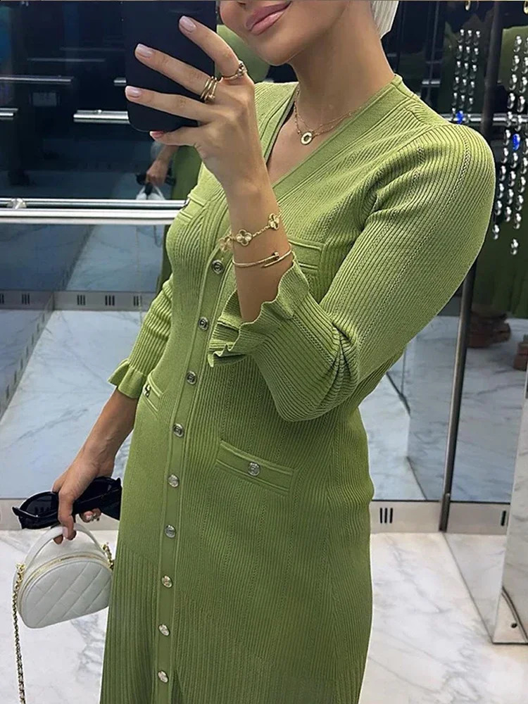 Elegant Metal Single Breasted Knitted Dress Women V-neck Ruffles Long Sleeves Slim Dresses 2024 Fashion Office Lady Vestidos 240729
