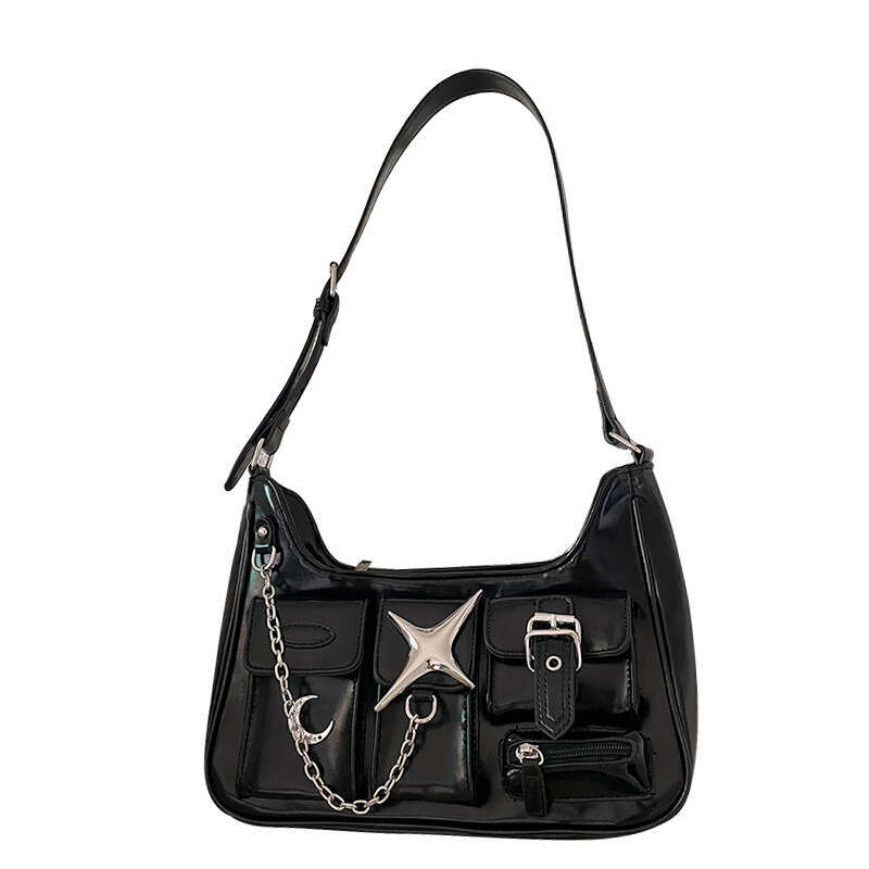 MBTI Y2k Womens Shoulder Haruku Fashion Gothic Casual Black Chains Handbag Hot Girls Pu Leather Ladies Motorcycle Bag Sac