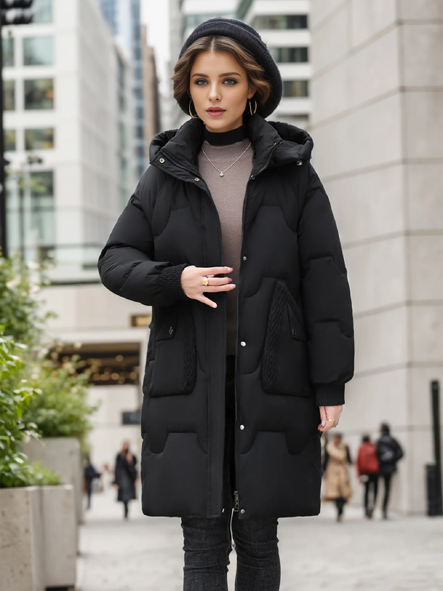 Thicken Winter Parka Woman Long Jacket Hooded Warm Loose Zipper Pockets Snow Wear Fashion 2024 Woman Padded Coat 240729
