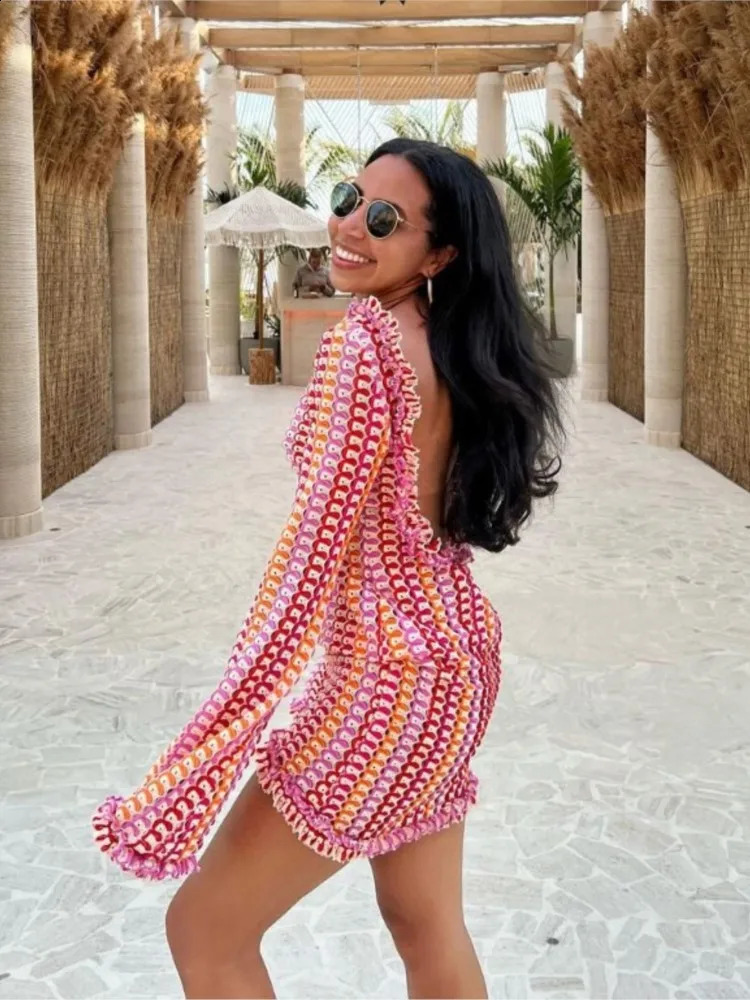 Backless Short Vestido Autumn Party Club Holiday Dresses Womens Fashion Flare Sleeve Mini Knit Dress Elegant Contrast Sexy 240729