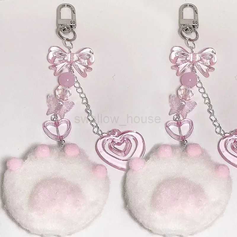 Cute Plush Cartoon Cat Claw Keychain Soft White Pink Key Ring Pendant Backpack Car Pendant Decoration Keyholder Lolita GirlsL240729