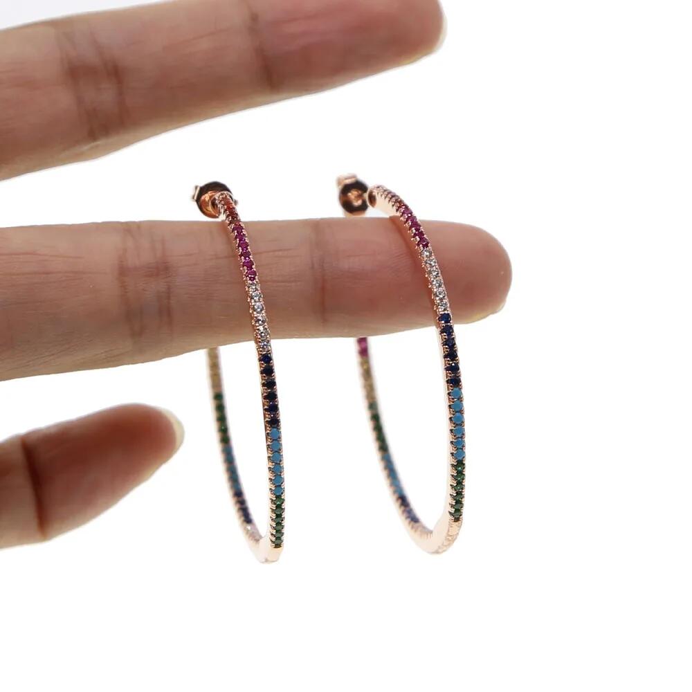 2024 Top quality delicate rainbow CZ hoop earring with colorful Rhinestone 45 mm Circle earring for women rose gold color fashion jewelry