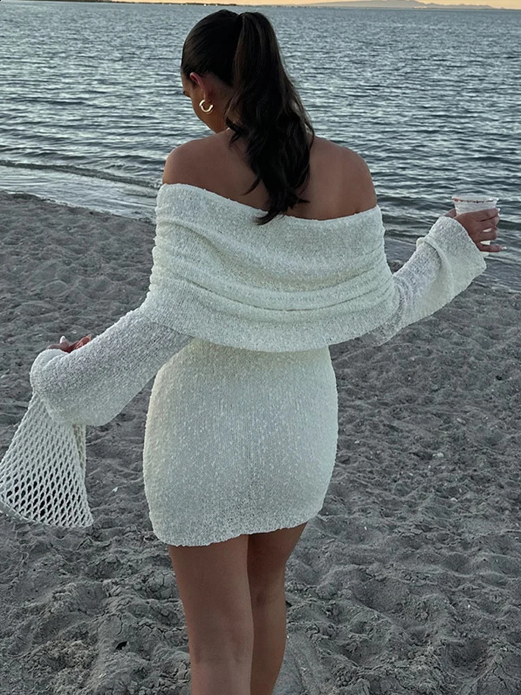 Sexy Off Shoulder Mini Dress Women White See Through Long Sleeve Female Dresses 2024 Summer Fashion Party Club Lady Vestidos 240729