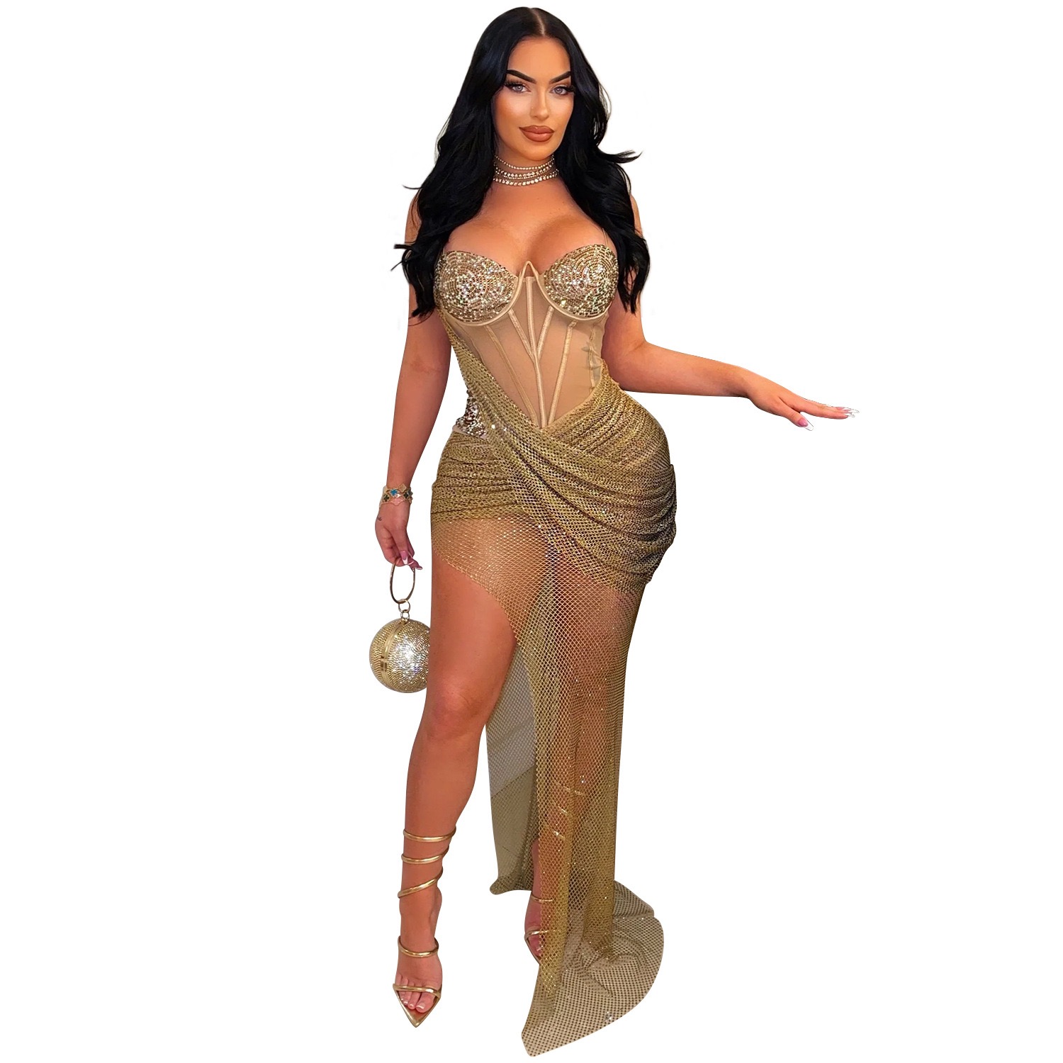 African Gold Prom Black Women Promdress Strap Sequined Bg Elegant Evening Dresses For Special Ocns Birthday Gowns Engagement Gown dress