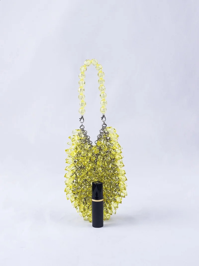 Fashion HandWoven Clear Crystal Acrylic Handbag Green Blue Yellow Handmade Summer Party Small Bucket Purse Evening Beaded Clutch 240729