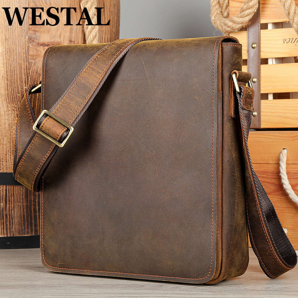 WESTAL Men's Genuine Crossbody Casual Crazy Horse Leather Large Capacity Shoulder Bag