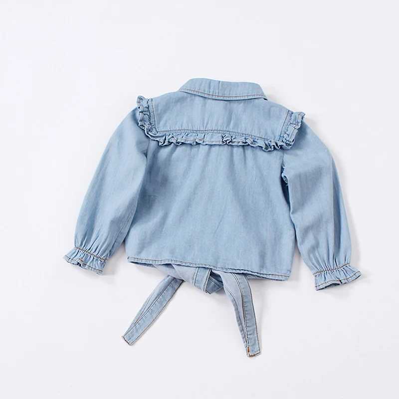 Girls autumn denim shirt casual ruffled shirt childrens tie and knot shirt childrens baby girl long sleeved shirt childrens clothing springW240729