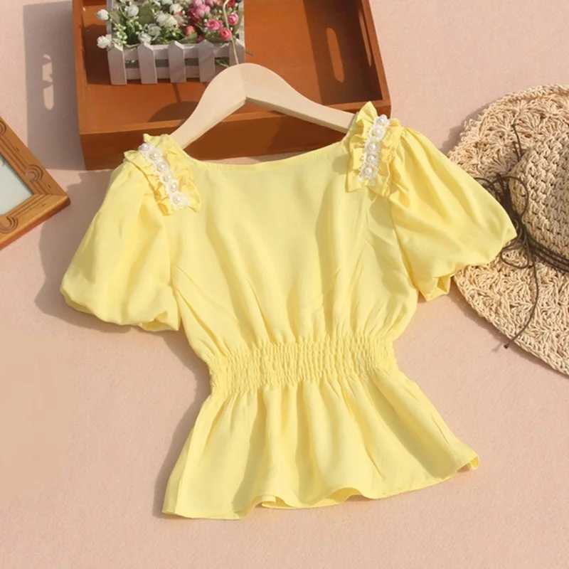 2022 Summer Baby Preschool Teenage Girl Shirt Ruffle Pearl Girl Top Childrens Shirt Childrens Clothing 3 4 6 8 10 12 14 Years OldW240729