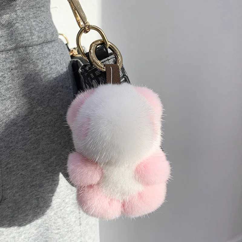 Women Bag Charm Trinkets Car Metal Key Rings Rear View Mirror Ornaments Cute Real Mink Fur Keychain Plush Panda Pendant Kids ToyL240729