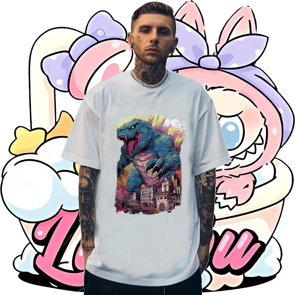 Wholesale Mens Tshirts 230g Pure Cotton Street dinosaur Oversized Short Sleeve O-Neck Brand T Shirts Men Top Tees