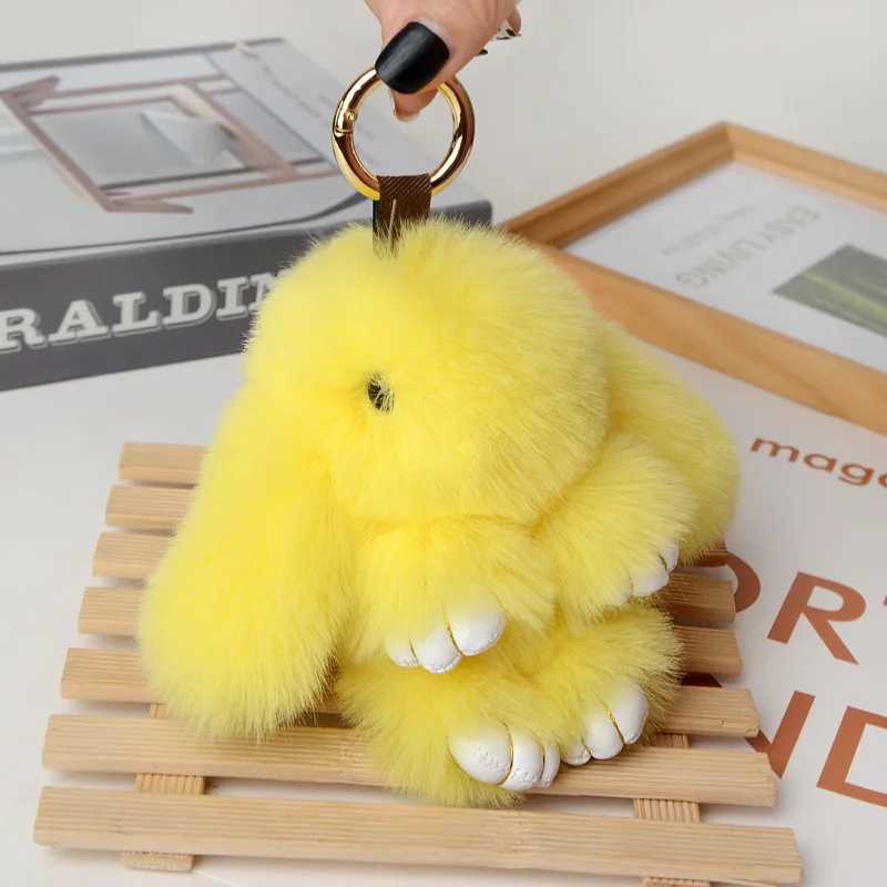 2023 Multicolor Rabbit Keychain Ring Fluffy Real Fur Pompon Bunny Trinket Key Chain Charm Cute Ring On Bag Car Key PendantL240729