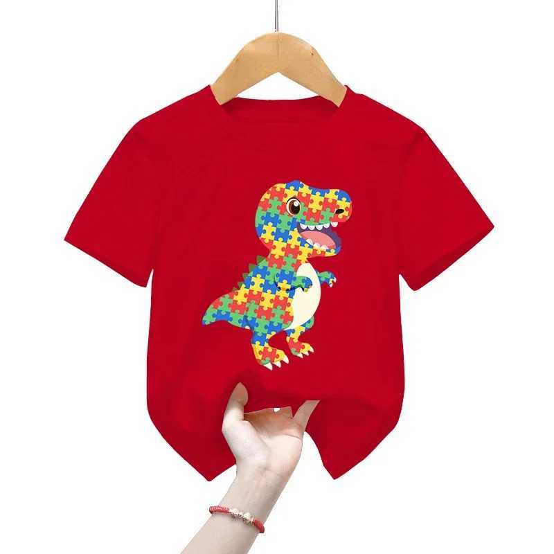 T-shirts Autism Awareness T-Shirts Childrens Short Sleeve Clothing Animal Color Mosaic Dinosaurs Tops Boys Girls Casual Fashion T-ShirtsL24729