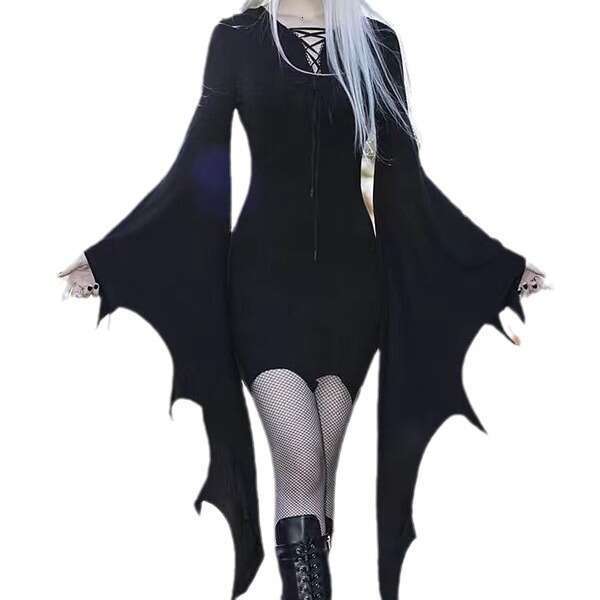 2024 Halloween New Gothic Style Womens Solid Color Irregular Strap Bat Sleeve Dress Long Summer Dress Self-cultivation Sexy Novelty Short Bifurcated L