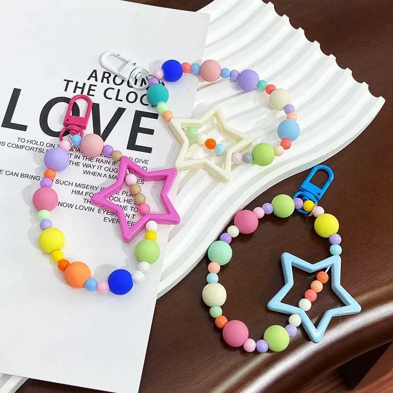 Mobile Phone Lanyard Wrist Strap Bag Pendant Car Keychain Girl Women Fresh Sweet Hand-held Chain Anti-lost Colofful Bead KeyringL240729